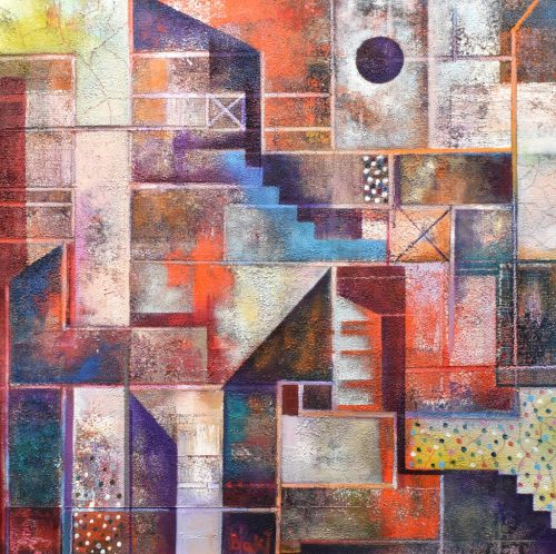 Bak Judit - Hajnalodik a lélekházak felett (No.V.) (50 x 50 cm) olaj/fa