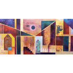   Bak Judit - Letűnő vasárnap a házak között (40 x 80 cm) olaj/fa