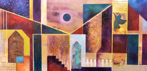 Bak Judit - Letűnő vasárnap a házak között (40 x 80 cm) olaj/fa