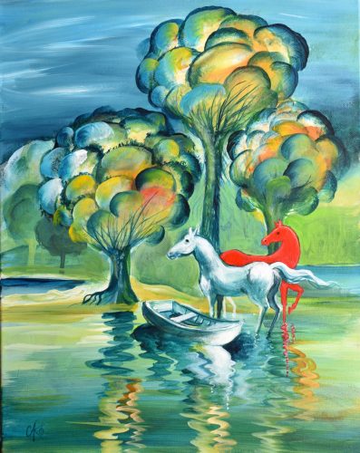 Cakó Ferenc - Mese a vörös lóról (50 x 40 cm) olaj/vászon